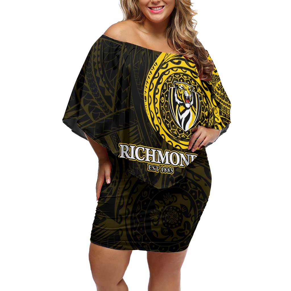 Personalized Richmond Tigers Polynesian Off Shoulder Short Dress Tribal Chest and Sleeve Tattoo Heritage Warrior