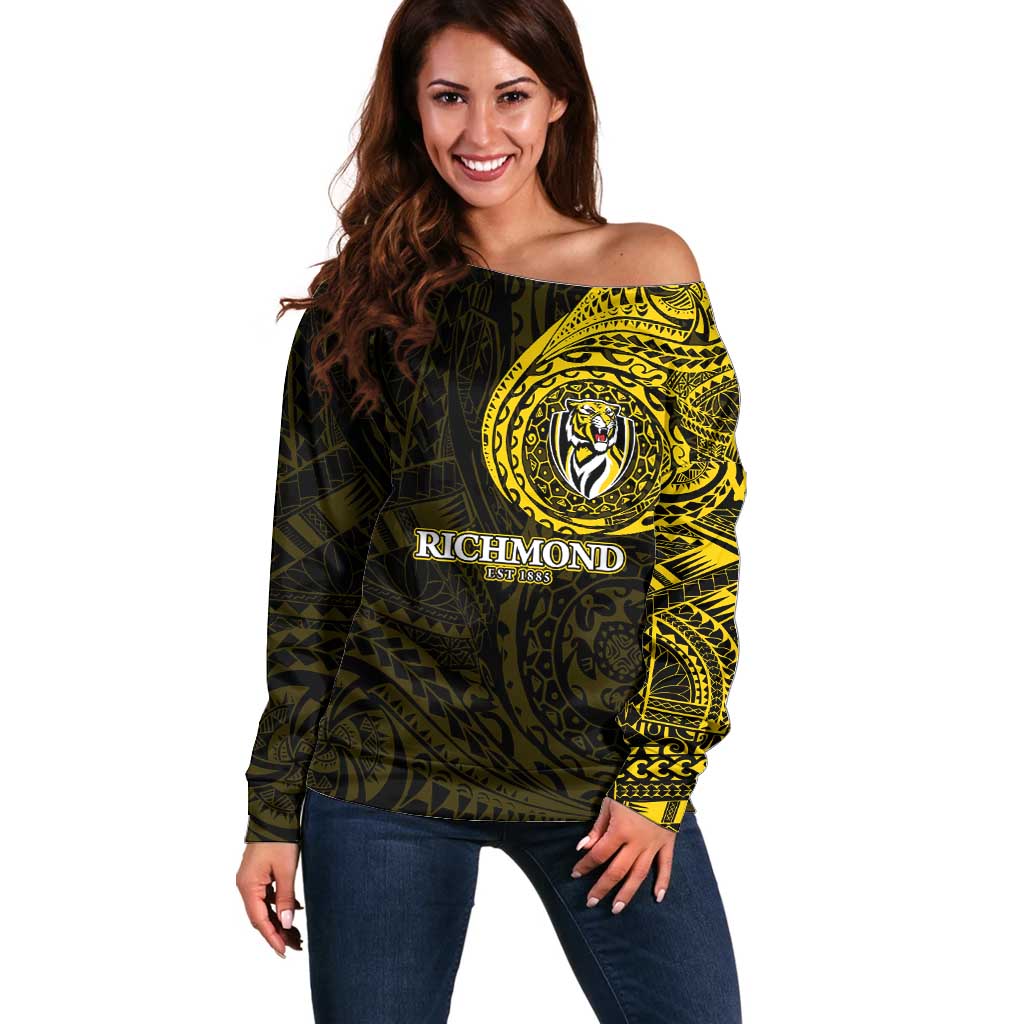 Personalized Richmond Tigers Polynesian Off Shoulder Sweater Tribal Chest and Sleeve Tattoo Heritage Warrior