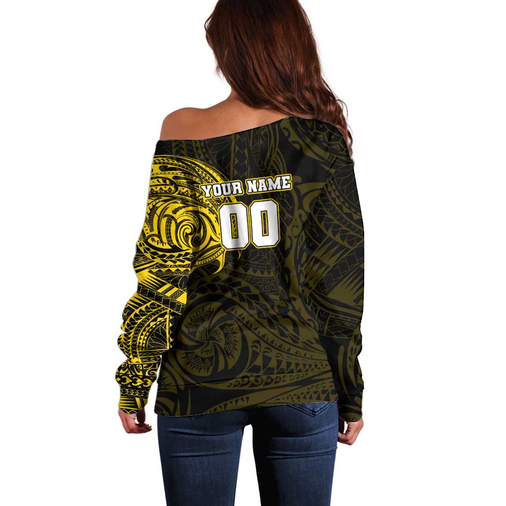 Personalized Richmond Tigers Polynesian Off Shoulder Sweater Tribal Chest and Sleeve Tattoo Heritage Warrior