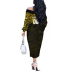 Personalized Richmond Tigers Polynesian Off The Shoulder Long Sleeve Dress Tribal Chest and Sleeve Tattoo Heritage Warrior