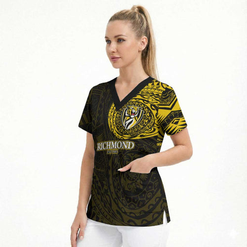 Personalized Richmond Tigers Polynesian Scrub Top Tribal Chest and Sleeve Tattoo Heritage Warrior