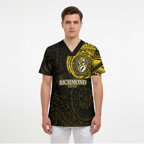 Personalized Richmond Tigers Polynesian Scrub Top Tribal Chest and Sleeve Tattoo Heritage Warrior
