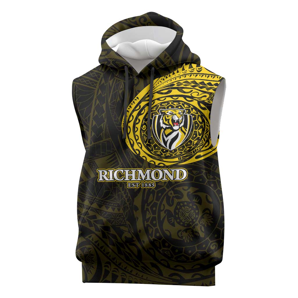 Personalized Richmond Tigers Polynesian Sleeveless Hoodie Tribal Chest and Sleeve Tattoo Heritage Warrior
