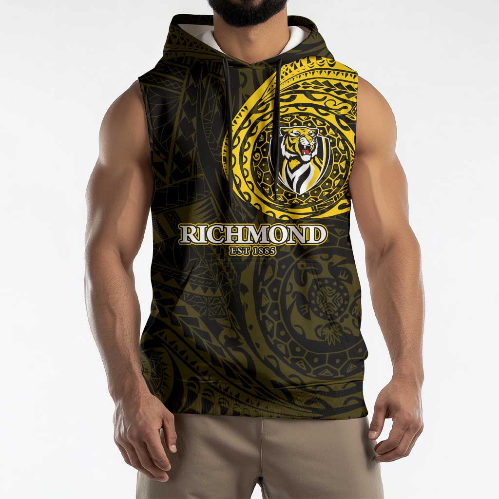 Personalized Richmond Tigers Polynesian Sleeveless Hoodie Tribal Chest and Sleeve Tattoo Heritage Warrior