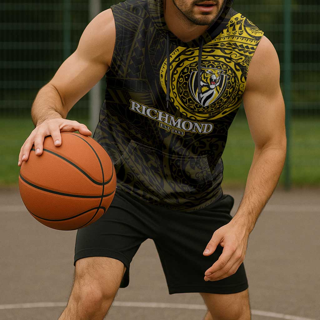 Personalized Richmond Tigers Polynesian Sleeveless Hoodie Tribal Chest and Sleeve Tattoo Heritage Warrior
