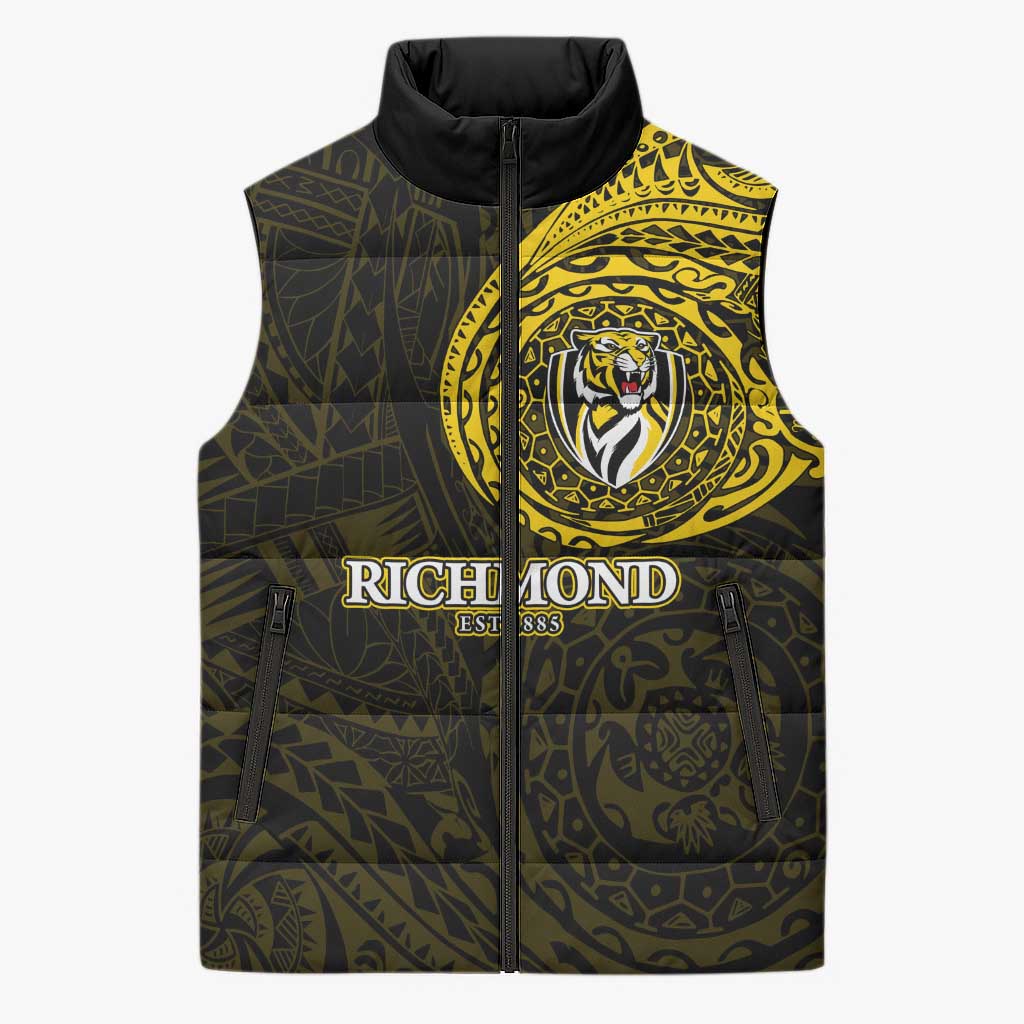 Personalized Richmond Tigers Polynesian Sleeveless Puffer Jacket Tribal Chest and Sleeve Tattoo Heritage Warrior