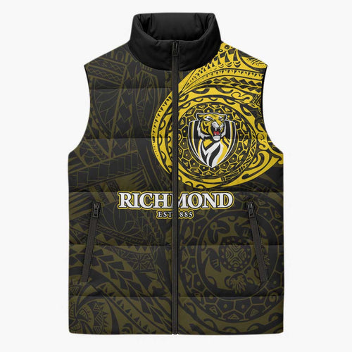 Personalized Richmond Tigers Polynesian Sleeveless Puffer Jacket Tribal Chest and Sleeve Tattoo Heritage Warrior