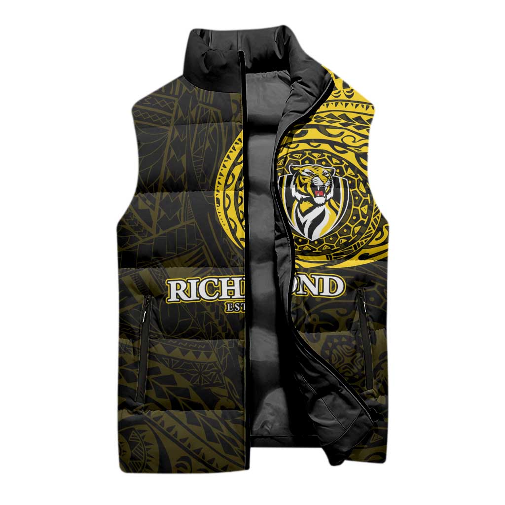 Personalized Richmond Tigers Polynesian Sleeveless Puffer Jacket Tribal Chest and Sleeve Tattoo Heritage Warrior