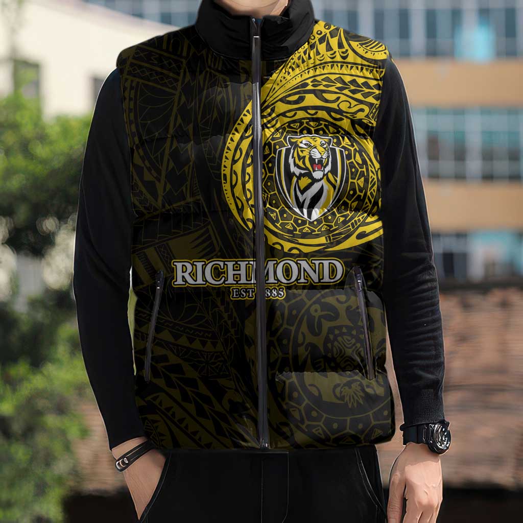 Personalized Richmond Tigers Polynesian Sleeveless Puffer Jacket Tribal Chest and Sleeve Tattoo Heritage Warrior
