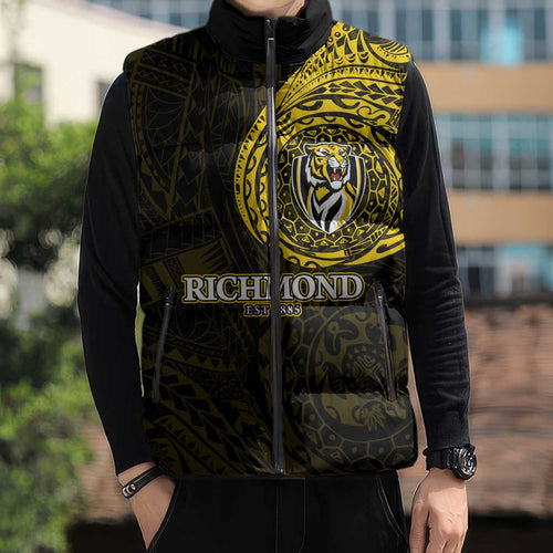 Personalized Richmond Tigers Polynesian Sleeveless Puffer Jacket Tribal Chest and Sleeve Tattoo Heritage Warrior