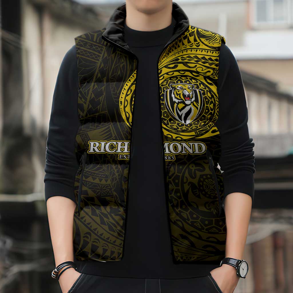 Personalized Richmond Tigers Polynesian Sleeveless Puffer Jacket Tribal Chest and Sleeve Tattoo Heritage Warrior