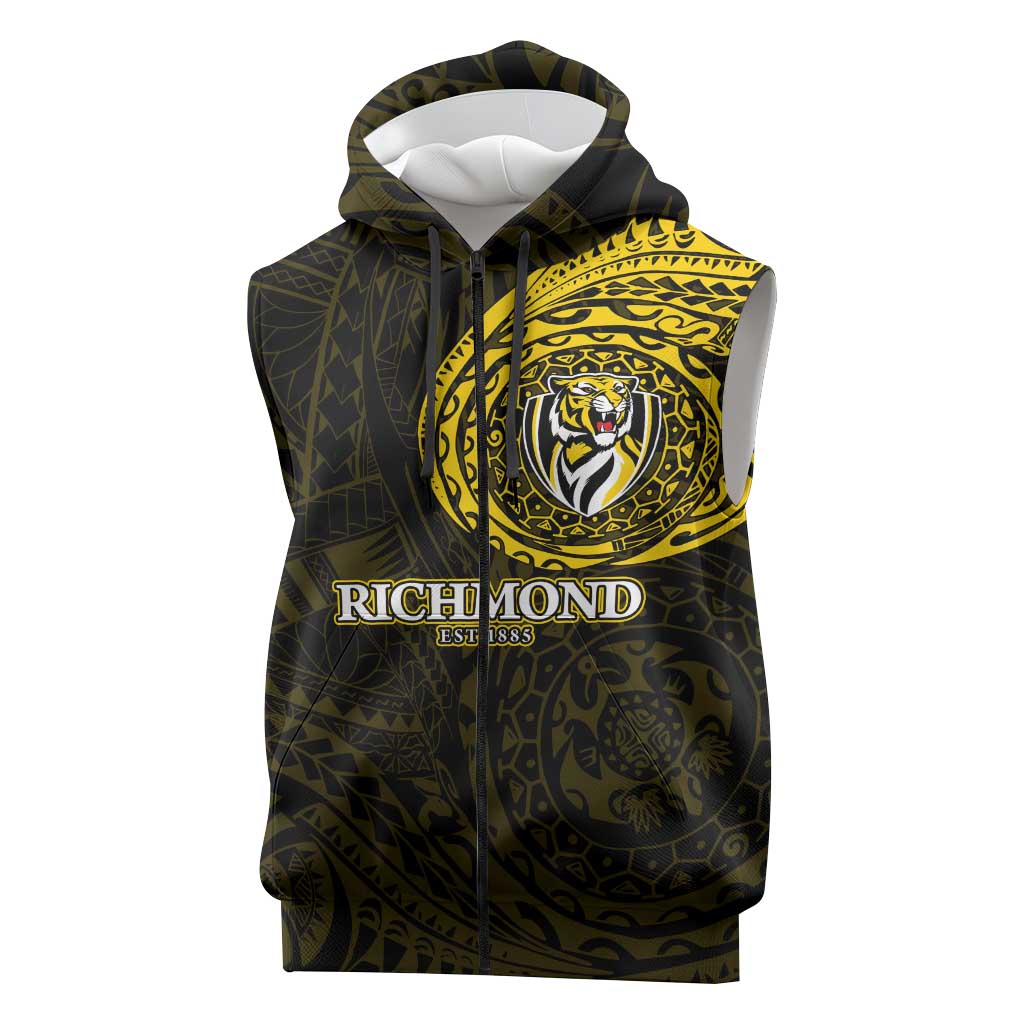 Personalized Richmond Tigers Polynesian Sleeveless Zip Hoodie Tribal Chest and Sleeve Tattoo Heritage Warrior