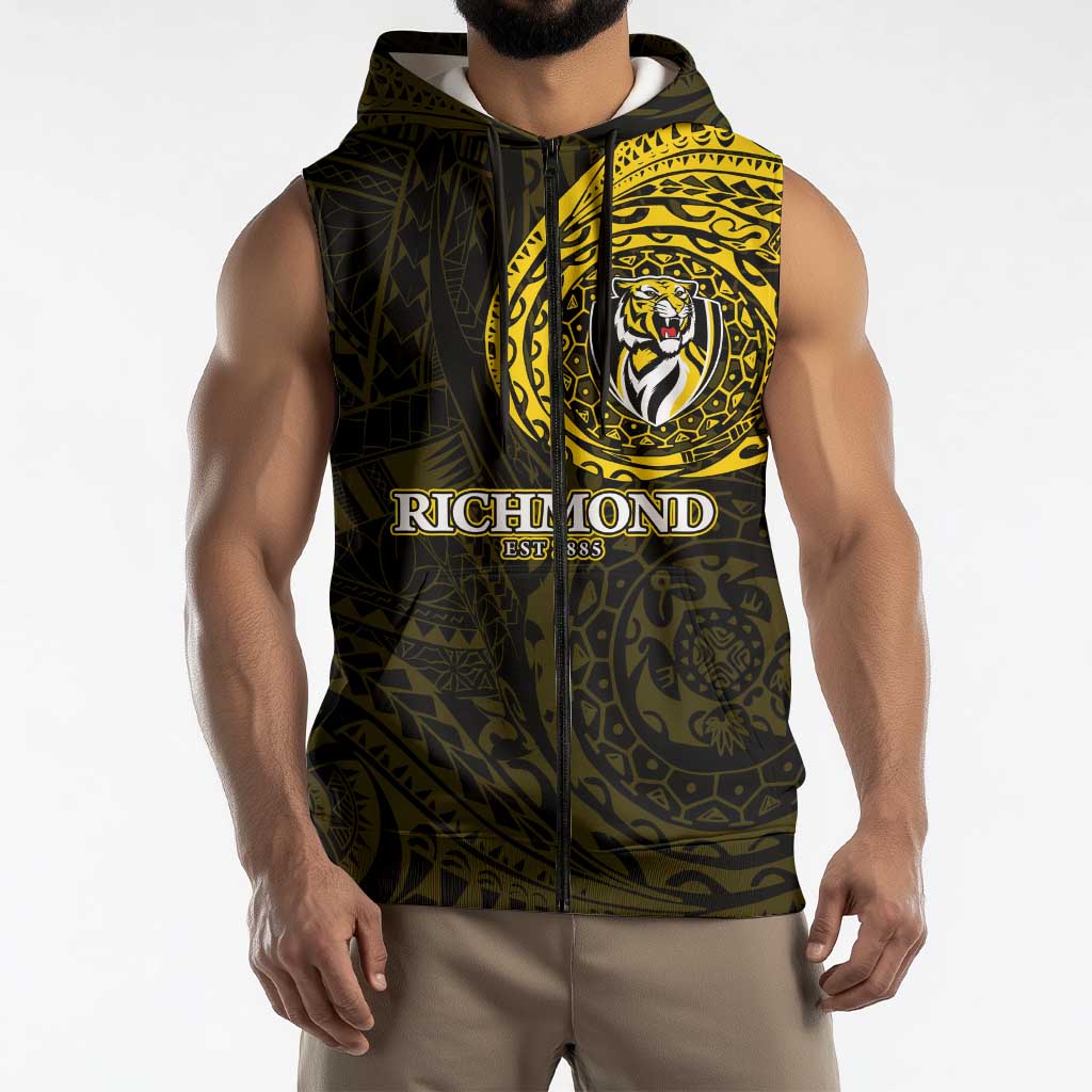 Personalized Richmond Tigers Polynesian Sleeveless Zip Hoodie Tribal Chest and Sleeve Tattoo Heritage Warrior