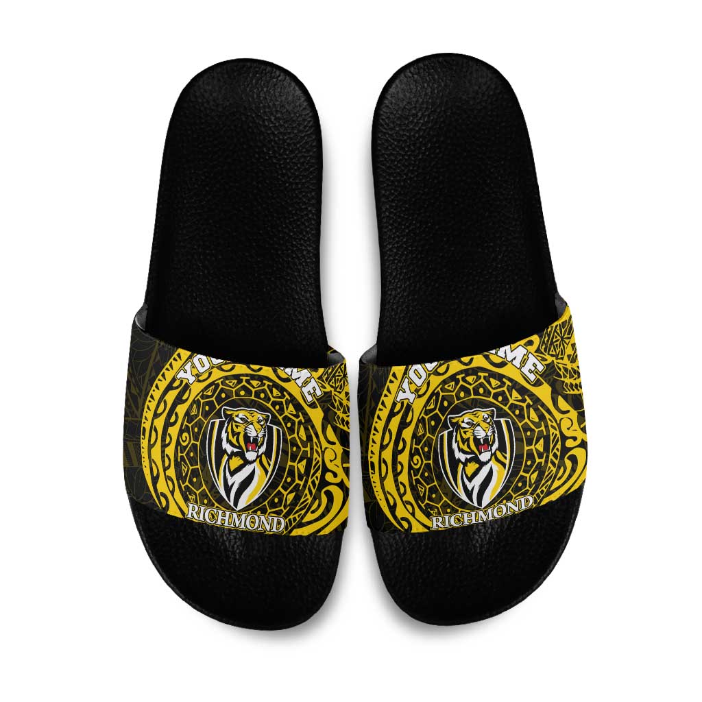 Personalized Richmond Tigers Polynesian Slide Sandals Tribal Chest and Sleeve Tattoo Heritage Warrior