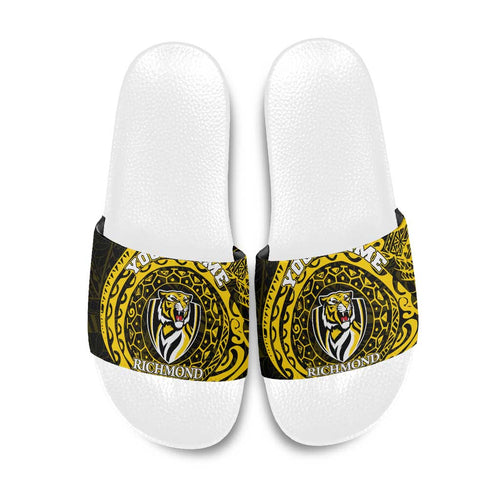 Personalized Richmond Tigers Polynesian Slide Sandals Tribal Chest and Sleeve Tattoo Heritage Warrior