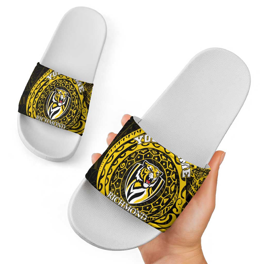 Personalized Richmond Tigers Polynesian Slide Sandals Tribal Chest and Sleeve Tattoo Heritage Warrior