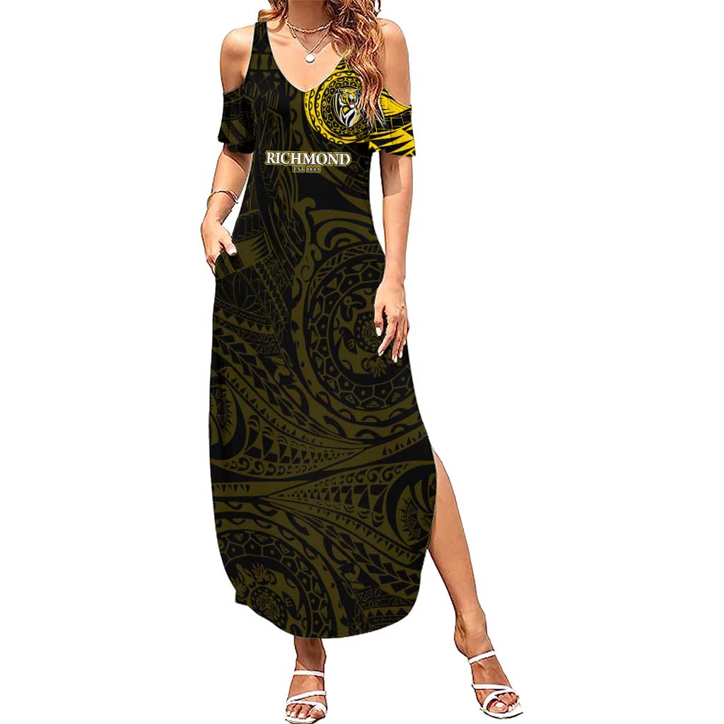 Personalized Richmond Tigers Polynesian Summer Maxi Dress Tribal Chest and Sleeve Tattoo Heritage Warrior