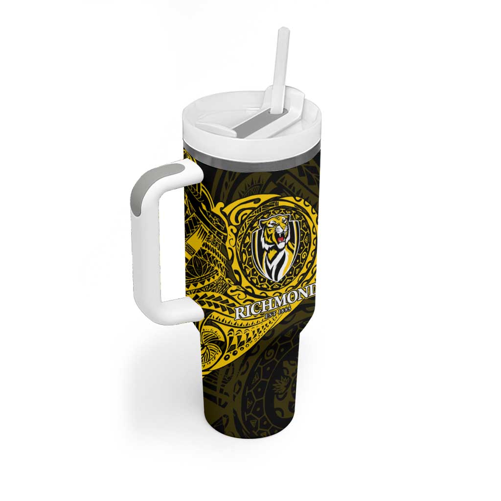Personalized Richmond Tigers Polynesian Tumbler With Handle Tribal Chest and Sleeve Tattoo Heritage Warrior