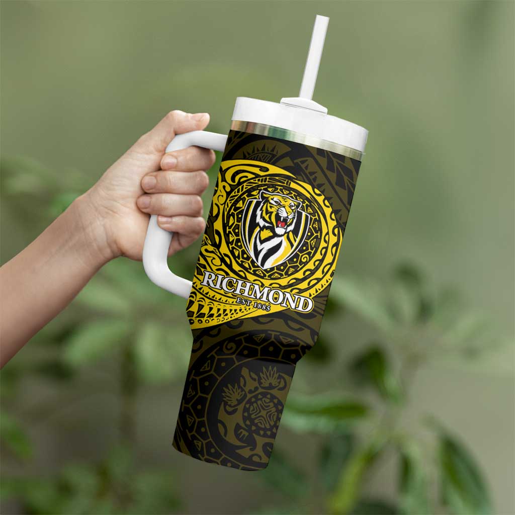 Personalized Richmond Tigers Polynesian Tumbler With Handle Tribal Chest and Sleeve Tattoo Heritage Warrior