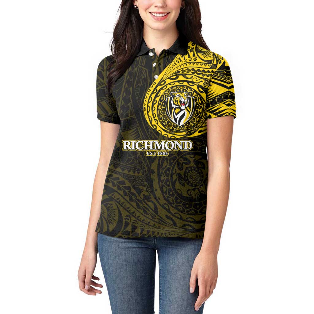 Personalized Richmond Tigers Polynesian Women Polo Shirt Tribal Chest and Sleeve Tattoo Heritage Warrior