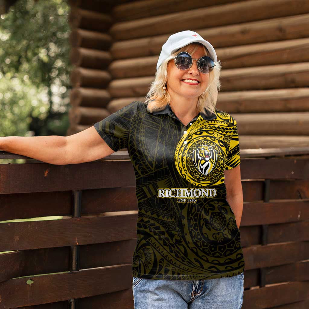 Personalized Richmond Tigers Polynesian Women Polo Shirt Tribal Chest and Sleeve Tattoo Heritage Warrior