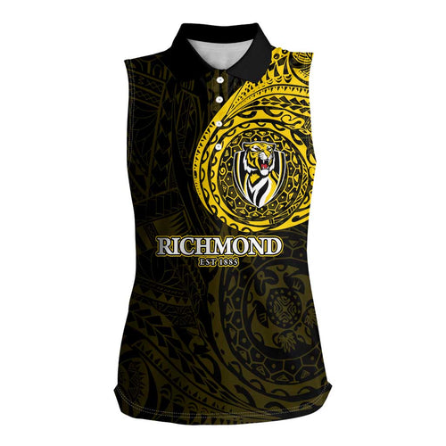 Personalized Richmond Tigers Polynesian Women Sleeveless Polo Shirt Tribal Chest and Sleeve Tattoo Heritage Warrior