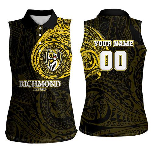 Personalized Richmond Tigers Polynesian Women Sleeveless Polo Shirt Tribal Chest and Sleeve Tattoo Heritage Warrior