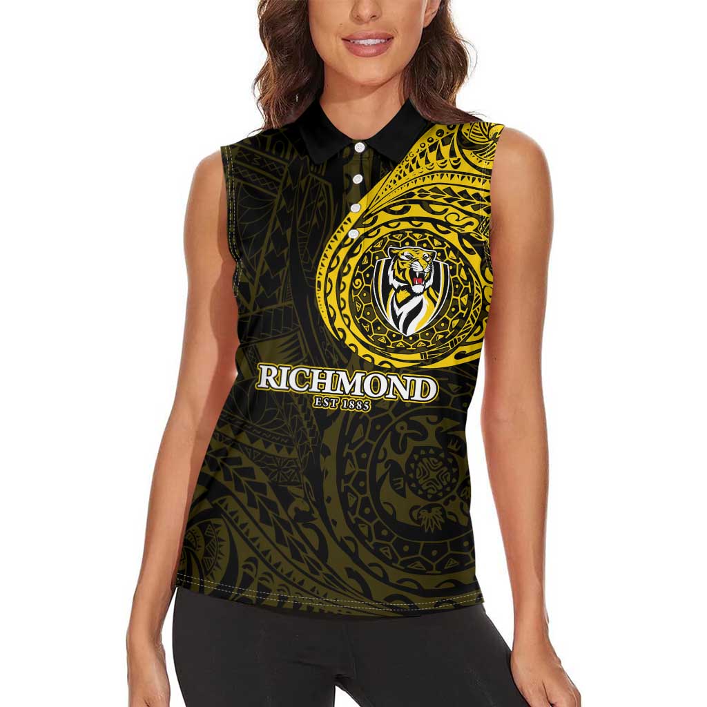 Personalized Richmond Tigers Polynesian Women Sleeveless Polo Shirt Tribal Chest and Sleeve Tattoo Heritage Warrior