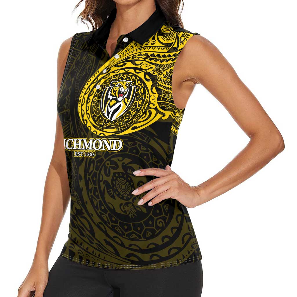 Personalized Richmond Tigers Polynesian Women Sleeveless Polo Shirt Tribal Chest and Sleeve Tattoo Heritage Warrior