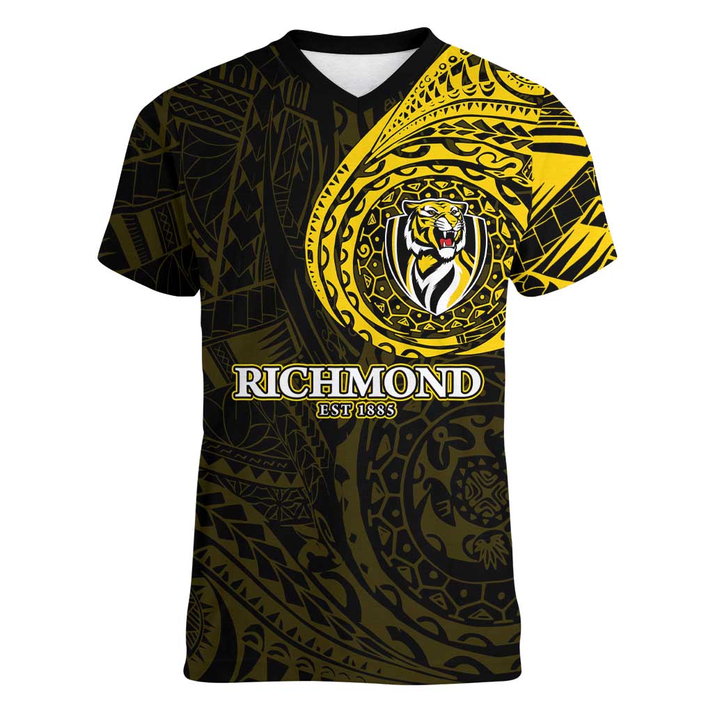 Personalized Richmond Tigers Polynesian Women V-Neck T-Shirt Tribal Chest and Sleeve Tattoo Heritage Warrior