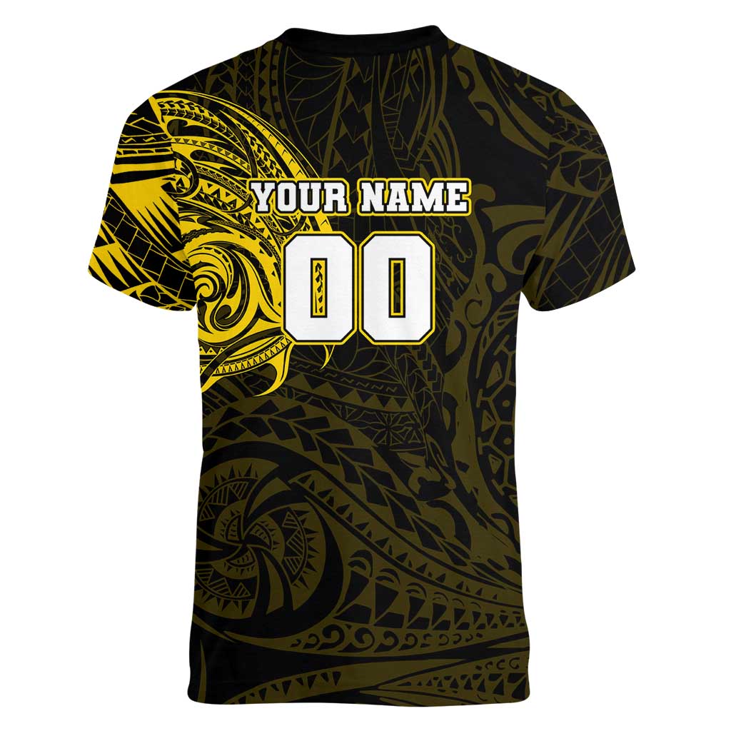 Personalized Richmond Tigers Polynesian Women V-Neck T-Shirt Tribal Chest and Sleeve Tattoo Heritage Warrior