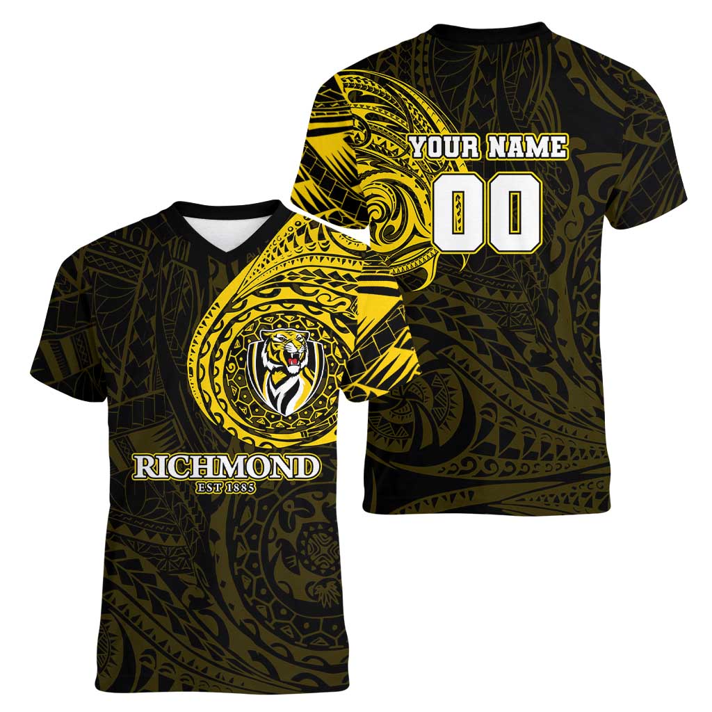 Personalized Richmond Tigers Polynesian Women V-Neck T-Shirt Tribal Chest and Sleeve Tattoo Heritage Warrior
