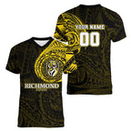 Personalized Richmond Tigers Polynesian Women V-Neck T-Shirt Tribal Chest and Sleeve Tattoo Heritage Warrior