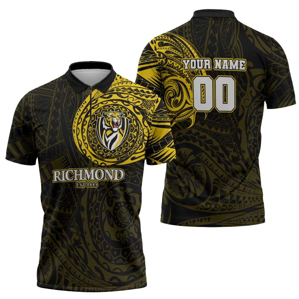Personalized Richmond Tigers Polynesian Zipper Polo Shirt Tribal Chest and Sleeve Tattoo Heritage Warrior