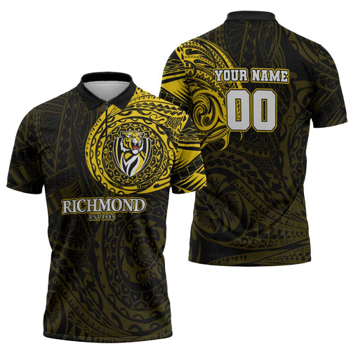 Personalized Richmond Tigers Polynesian Zipper Polo Shirt Tribal Chest and Sleeve Tattoo Heritage Warrior