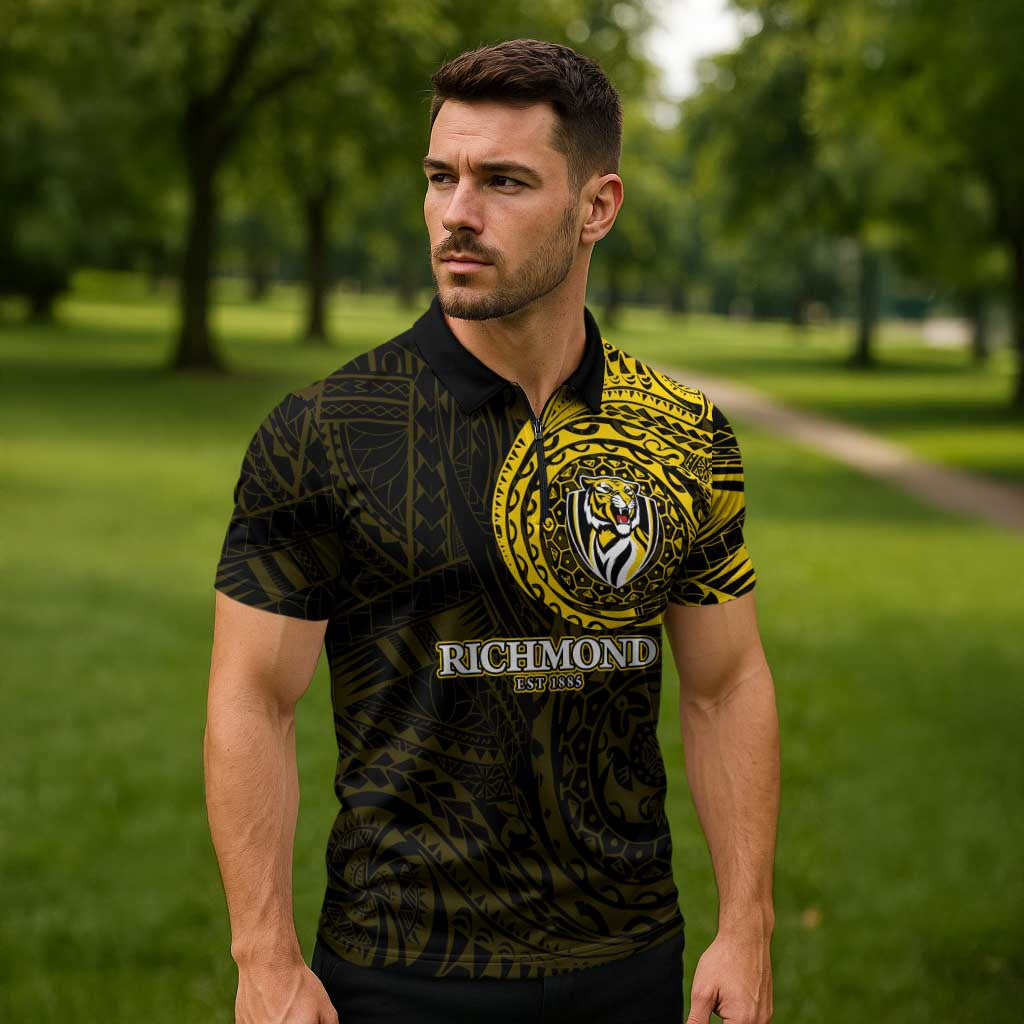 Personalized Richmond Tigers Polynesian Zipper Polo Shirt Tribal Chest and Sleeve Tattoo Heritage Warrior
