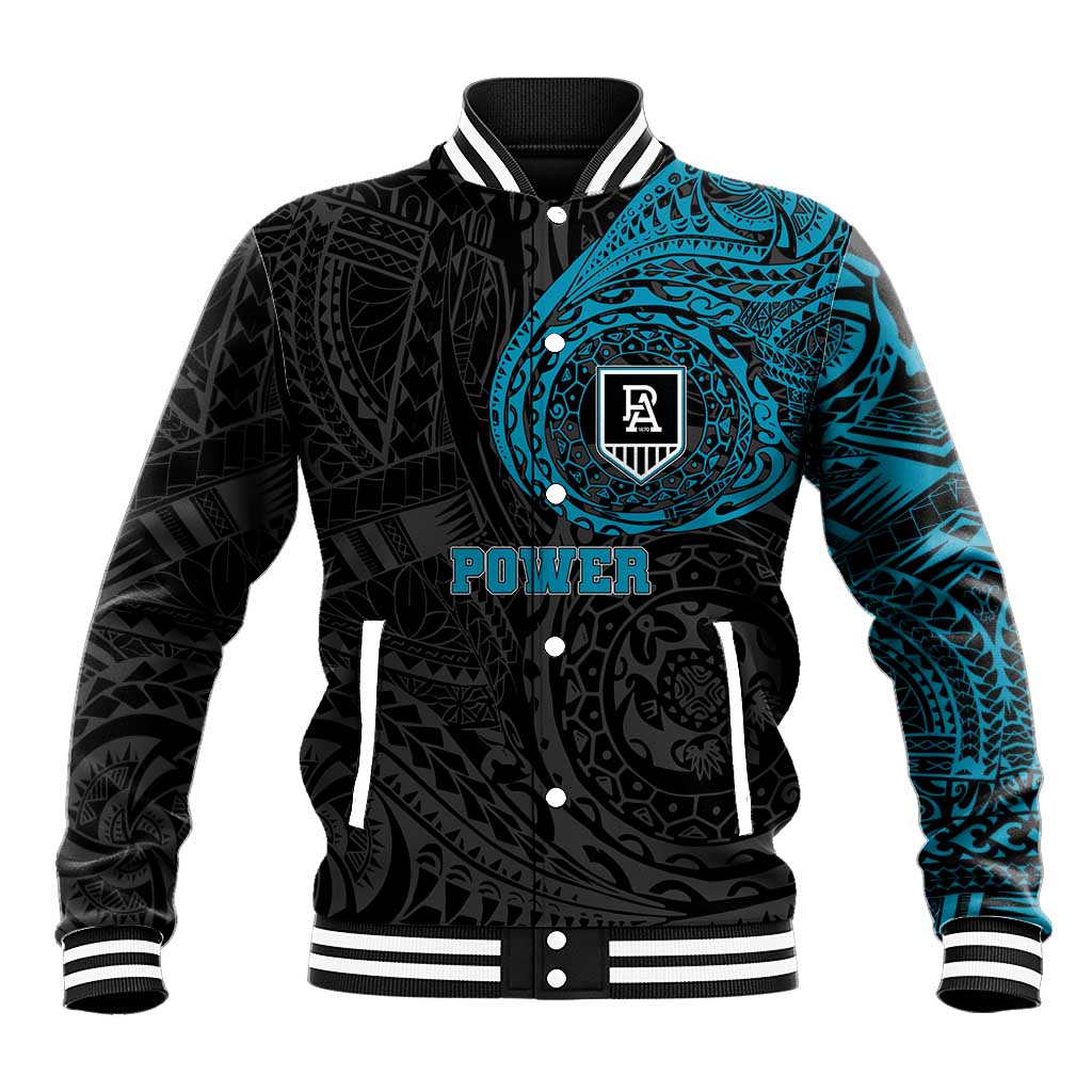 Personalized Port Adelaide Power Polynesian Baseball Jacket Tribal Chest and Sleeve Tattoo Heritage Warrior