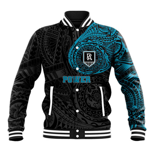 Personalized Port Adelaide Power Polynesian Baseball Jacket Tribal Chest and Sleeve Tattoo Heritage Warrior