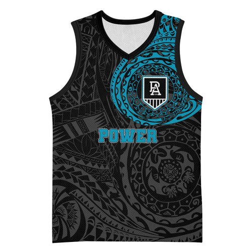 Personalized Port Adelaide Power Polynesian Basketball Jersey Tribal Chest and Sleeve Tattoo Heritage Warrior