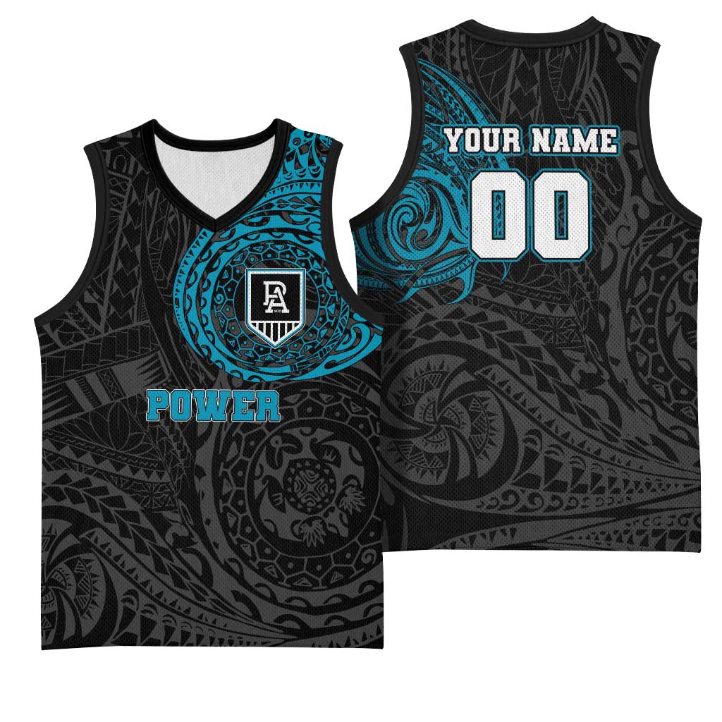 Personalized Port Adelaide Power Polynesian Basketball Jersey Tribal Chest and Sleeve Tattoo Heritage Warrior