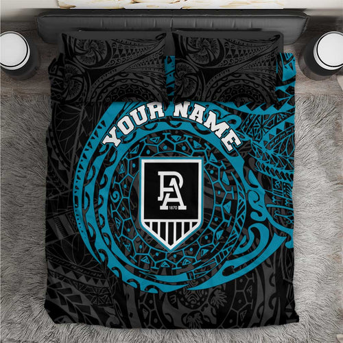 Personalized Port Adelaide Power Polynesian Bedding Set Tribal Chest and Sleeve Tattoo Heritage Warrior