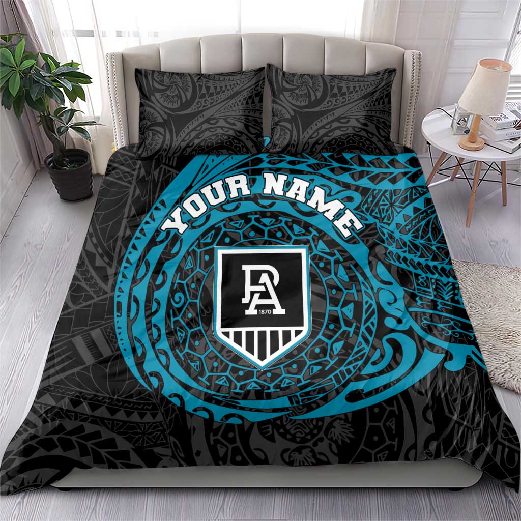Personalized Port Adelaide Power Polynesian Bedding Set Tribal Chest and Sleeve Tattoo Heritage Warrior