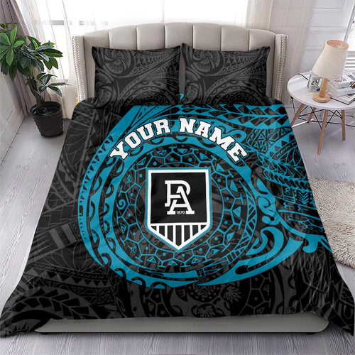 Personalized Port Adelaide Power Polynesian Bedding Set Tribal Chest and Sleeve Tattoo Heritage Warrior