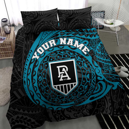 Personalized Port Adelaide Power Polynesian Bedding Set Tribal Chest and Sleeve Tattoo Heritage Warrior