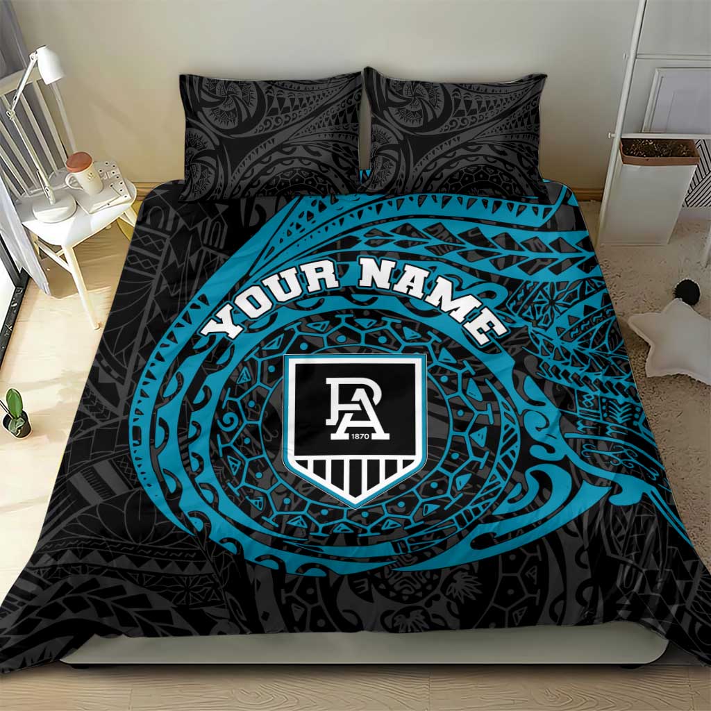 Personalized Port Adelaide Power Polynesian Bedding Set Tribal Chest and Sleeve Tattoo Heritage Warrior