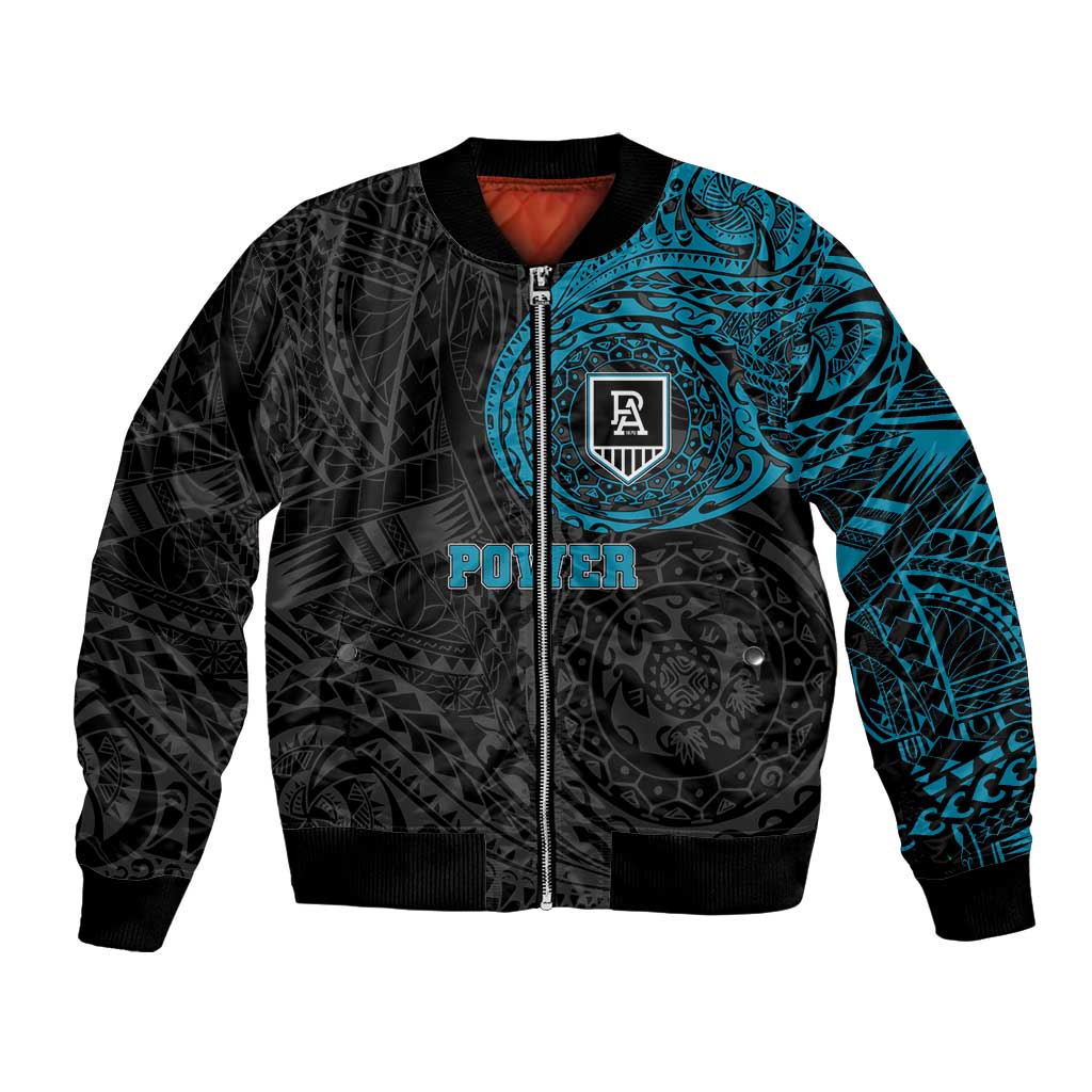 Personalized Port Adelaide Power Polynesian Bomber Jacket Tribal Chest and Sleeve Tattoo Heritage Warrior