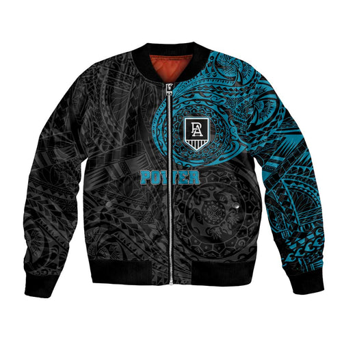 Personalized Port Adelaide Power Polynesian Bomber Jacket Tribal Chest and Sleeve Tattoo Heritage Warrior