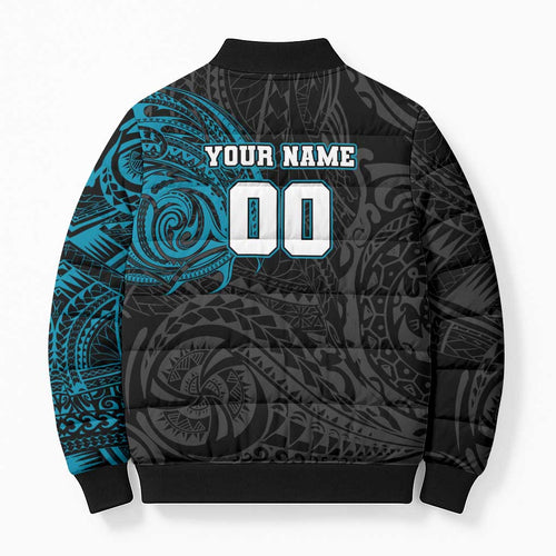Personalized Port Adelaide Power Polynesian Bomber Puffer Jacket Tribal Chest and Sleeve Tattoo Heritage Warrior