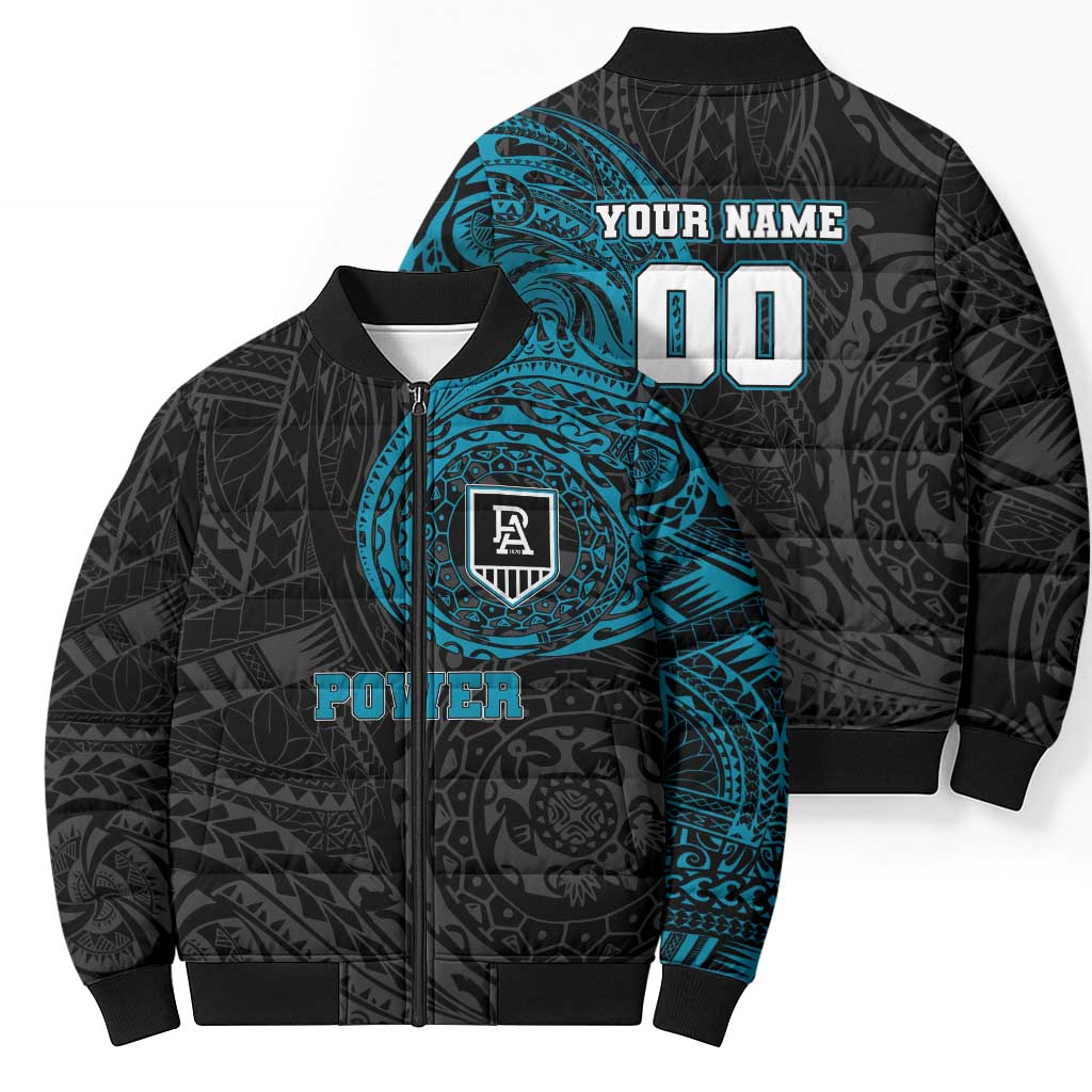 Personalized Port Adelaide Power Polynesian Bomber Puffer Jacket Tribal Chest and Sleeve Tattoo Heritage Warrior