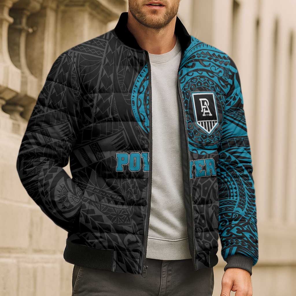 Personalized Port Adelaide Power Polynesian Bomber Puffer Jacket Tribal Chest and Sleeve Tattoo Heritage Warrior